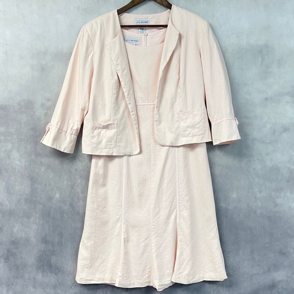 J G Hook Women Linen Blend Dress Suit Set Size 14 Pink Preppy Old Money Coastal